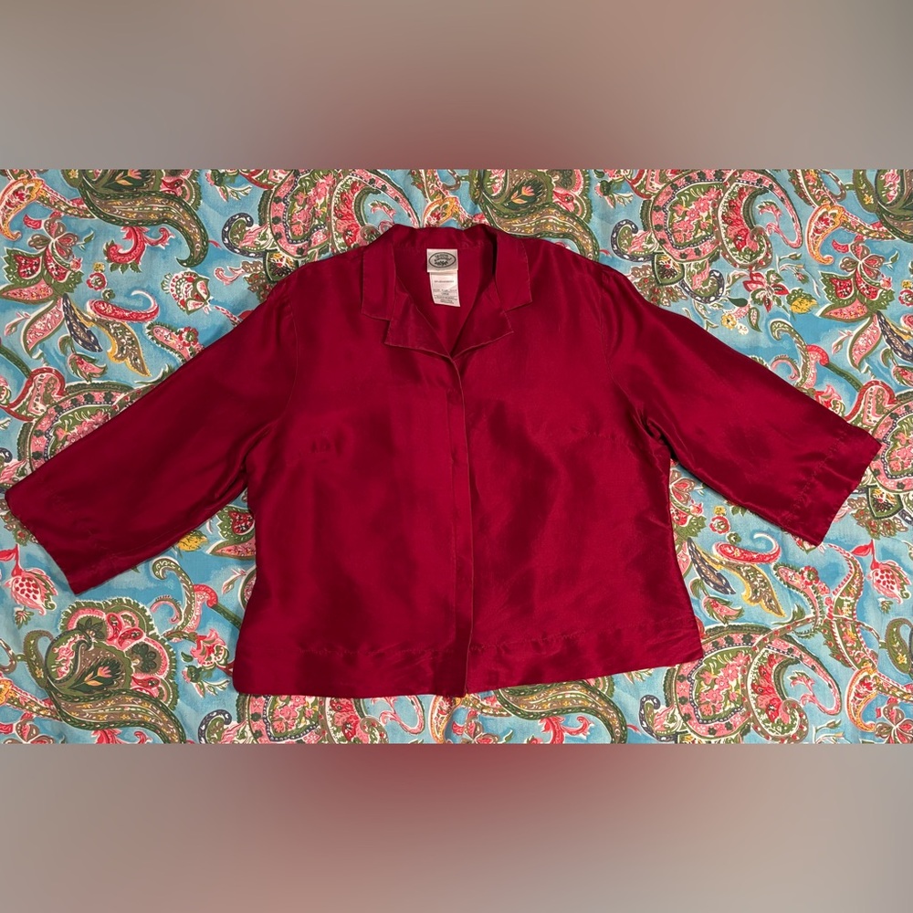 VINTAGE 80s Laura Ashley SILK 3/4 sleeve CROPPED blouse LARGE berry color